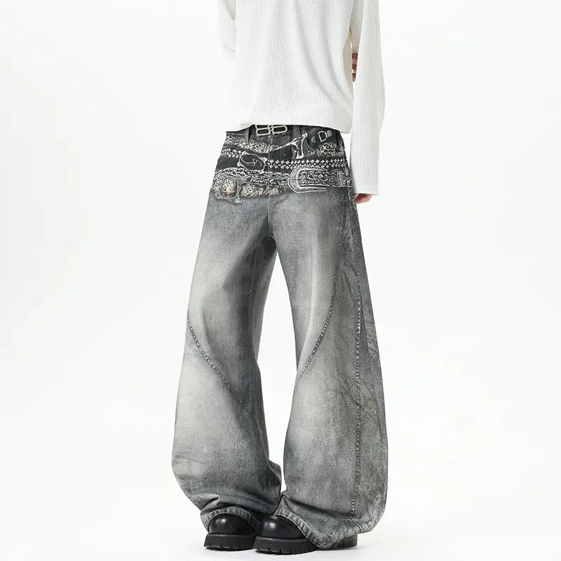 Gray Belt Print Baggy Jeans