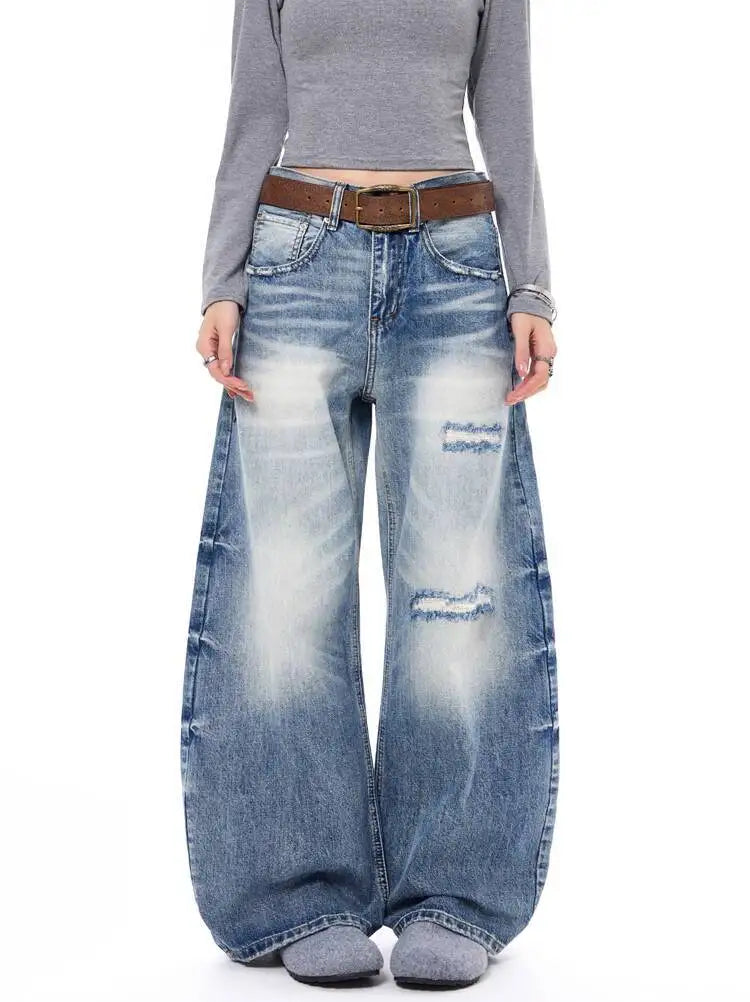 Blue Faded & Distressed Baggy Jeans