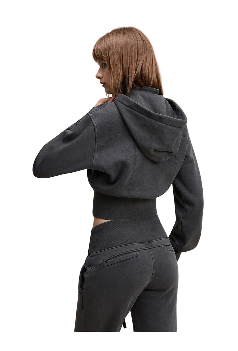 Womens Detachable Hood Cropped Double Zip Up Sweatshirt