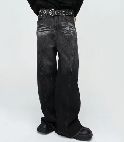 Faded Black Baggy Embroidered Jeans - Kore Clothing