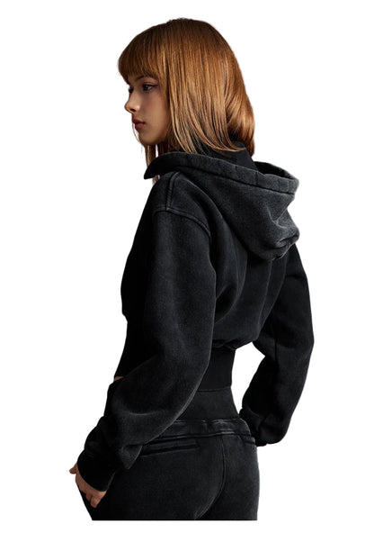Womens Detachable Hood Cropped Double Zip Up Sweatshirt