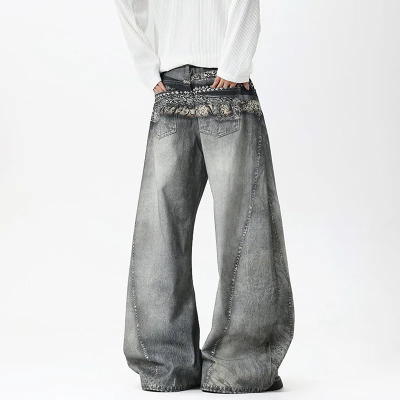 Gray Belt Print Baggy Jeans