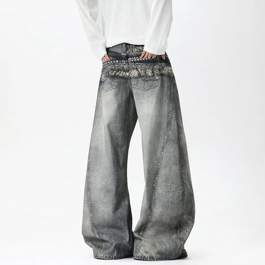 Gray Belt Print Baggy Jeans