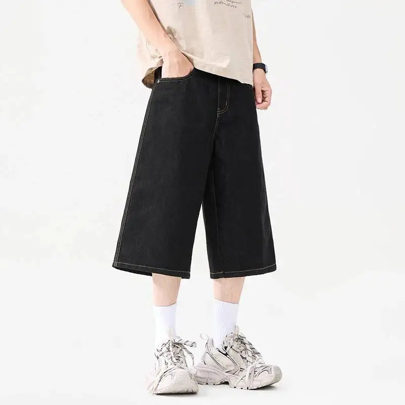 Black Raw Denim Baggy Long Jorts