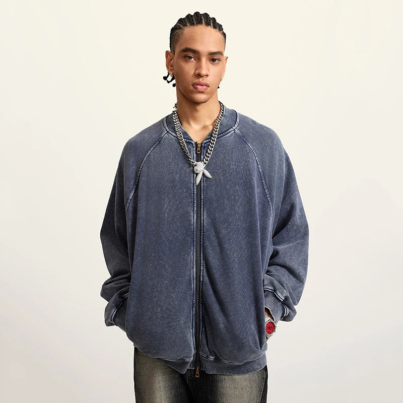 Faded Double Zip Up Fleece Bomber Jacket