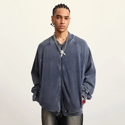 Faded Double Zip Up Fleece Bomber Jacket