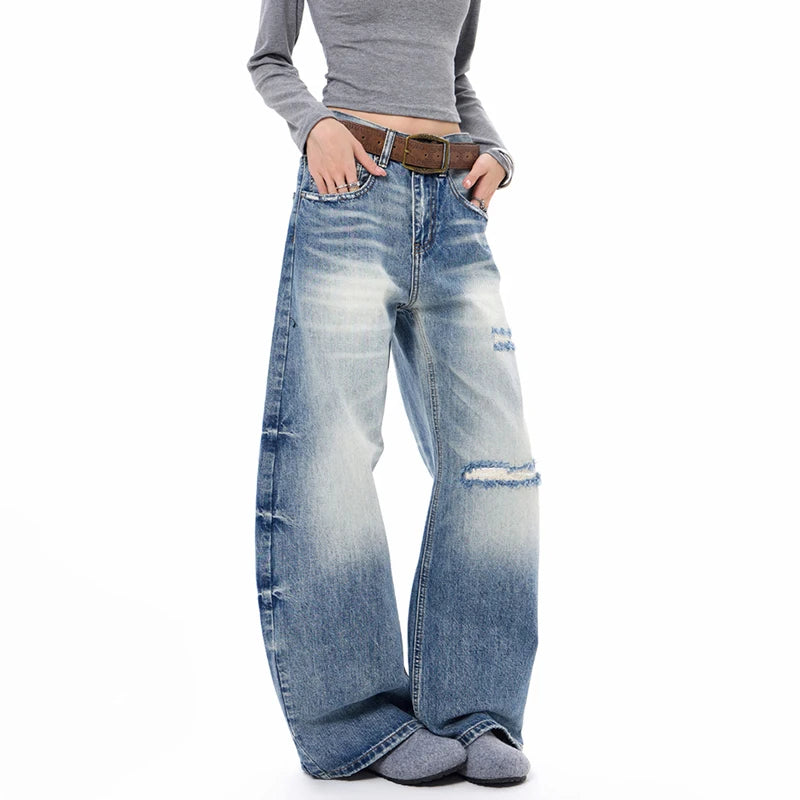 Blue Faded & Distressed Baggy Jeans