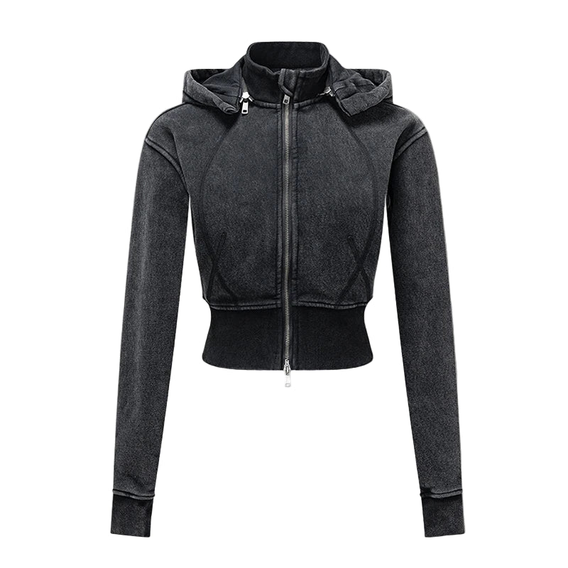 Womens Detachable Hood Cropped Double Zip Up Sweatshirt