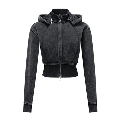 Womens Detachable Hood Cropped Double Zip Up Sweatshirt