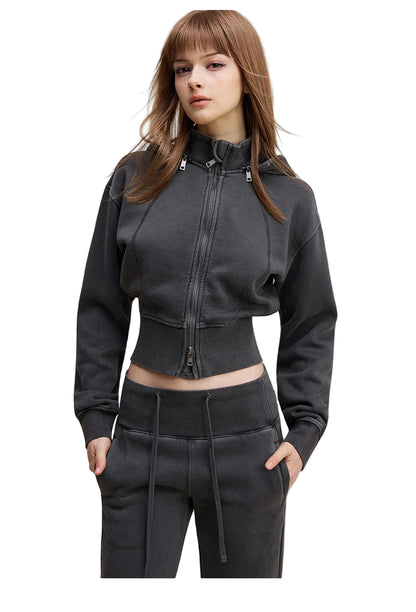 Womens Detachable Hood Cropped Double Zip Up Sweatshirt