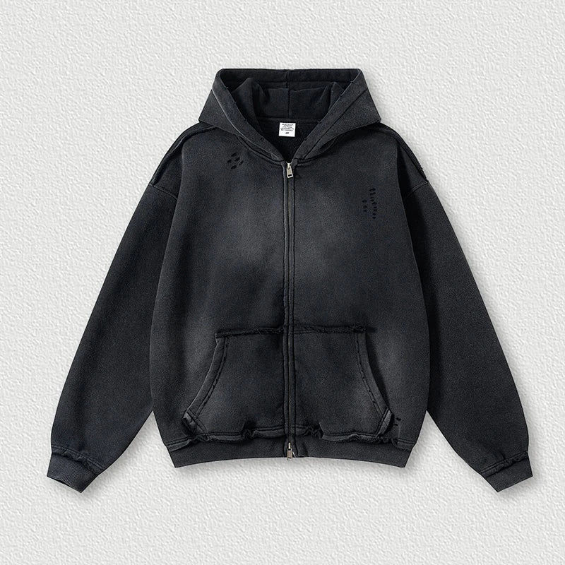 Faded & Distressed Double Zip Up Hoodie