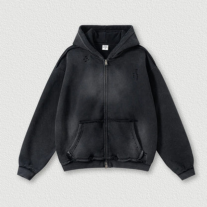 Faded & Distressed Double Zip Up Hoodie