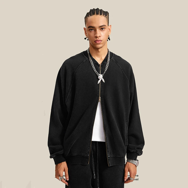 Faded Double Zip Up Fleece Bomber Jacket