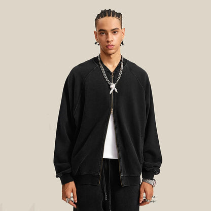 Faded Double Zip Up Fleece Bomber Jacket