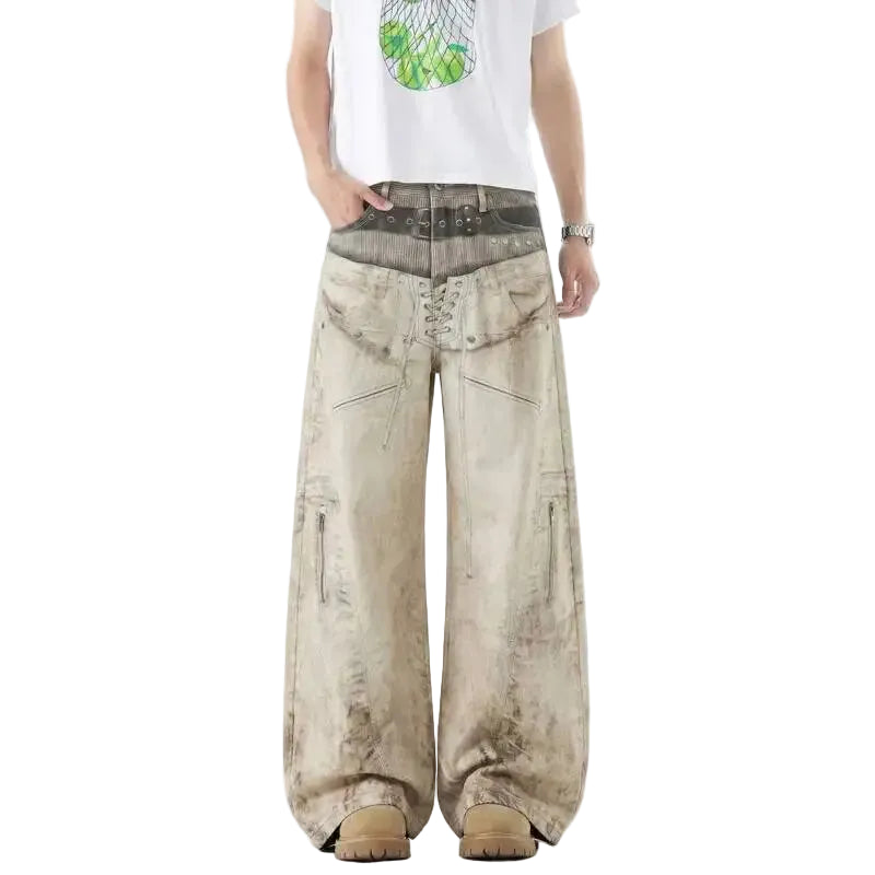 Graphic Belt & Laced Baggy Jeans