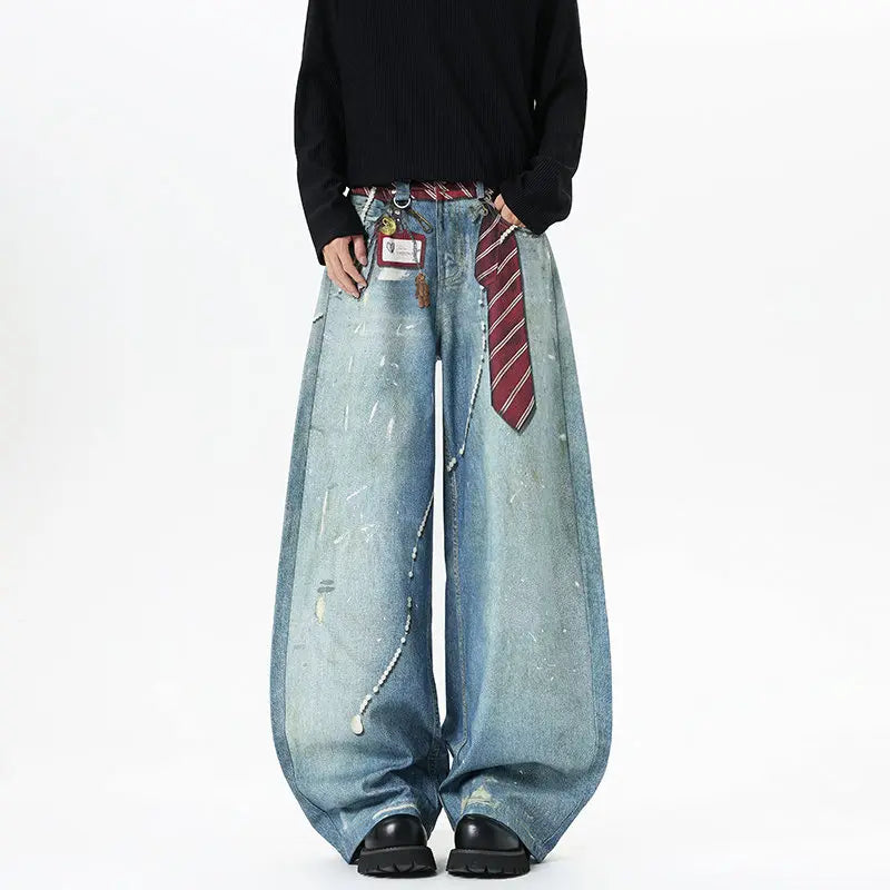 Blue Tie Print Baggy Jeans