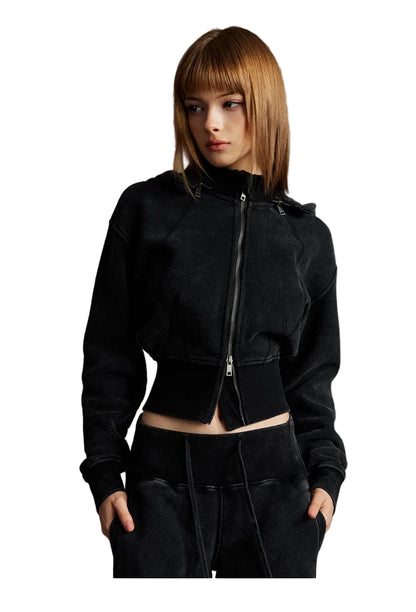 Womens Detachable Hood Cropped Double Zip Up Sweatshirt