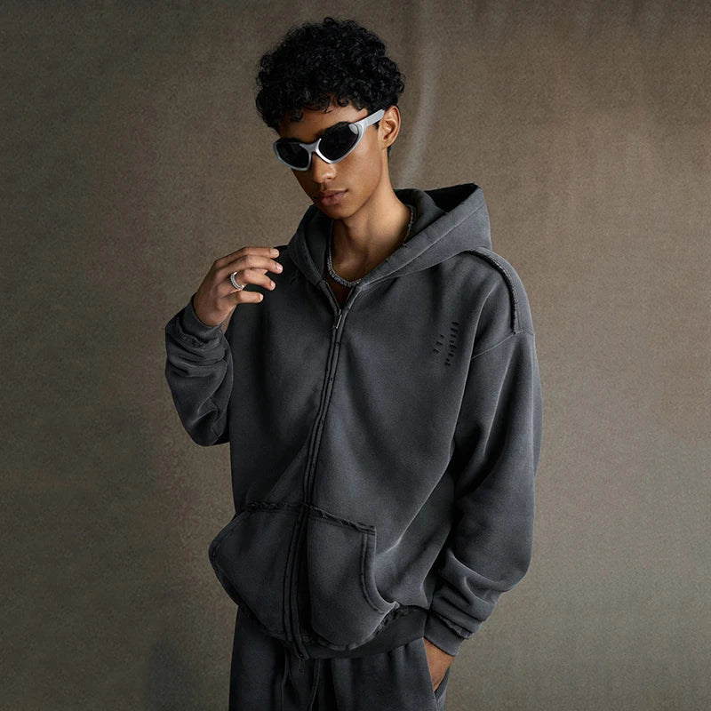 Faded & Distressed Double Zip Up Hoodie