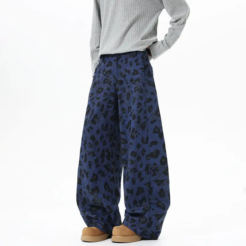 Blue Leopard Print Baggy Jeans