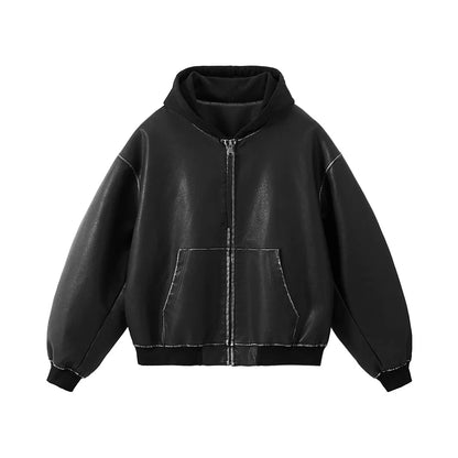 Vintage Hooded Leather Zip Up Jacket