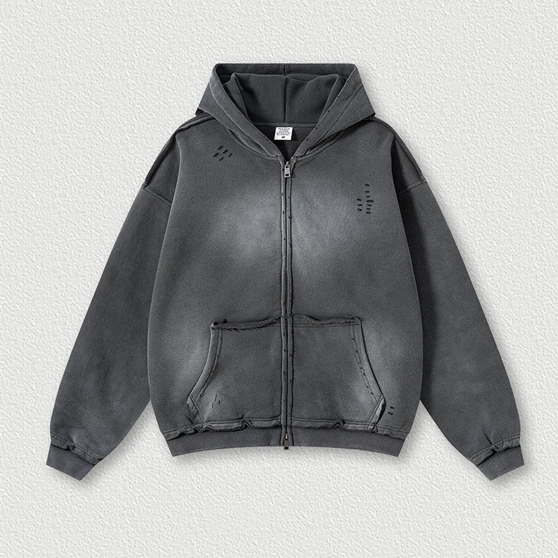 Faded & Distressed Double Zip Up Hoodie
