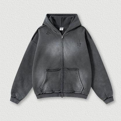 Faded & Distressed Double Zip Up Hoodie