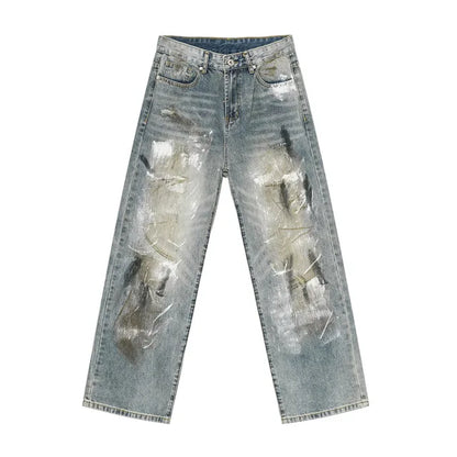 Blue Worn Out Wide Straight Leg Jeans - Kore Clothing